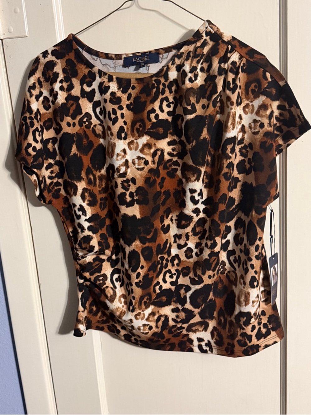 RACHEL Rachel Roy Leopard Print Short Sleeve Top in Brown and Black